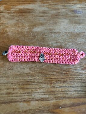 Handmade Samon Crochet Hamsa Bracelet with Silver Charm